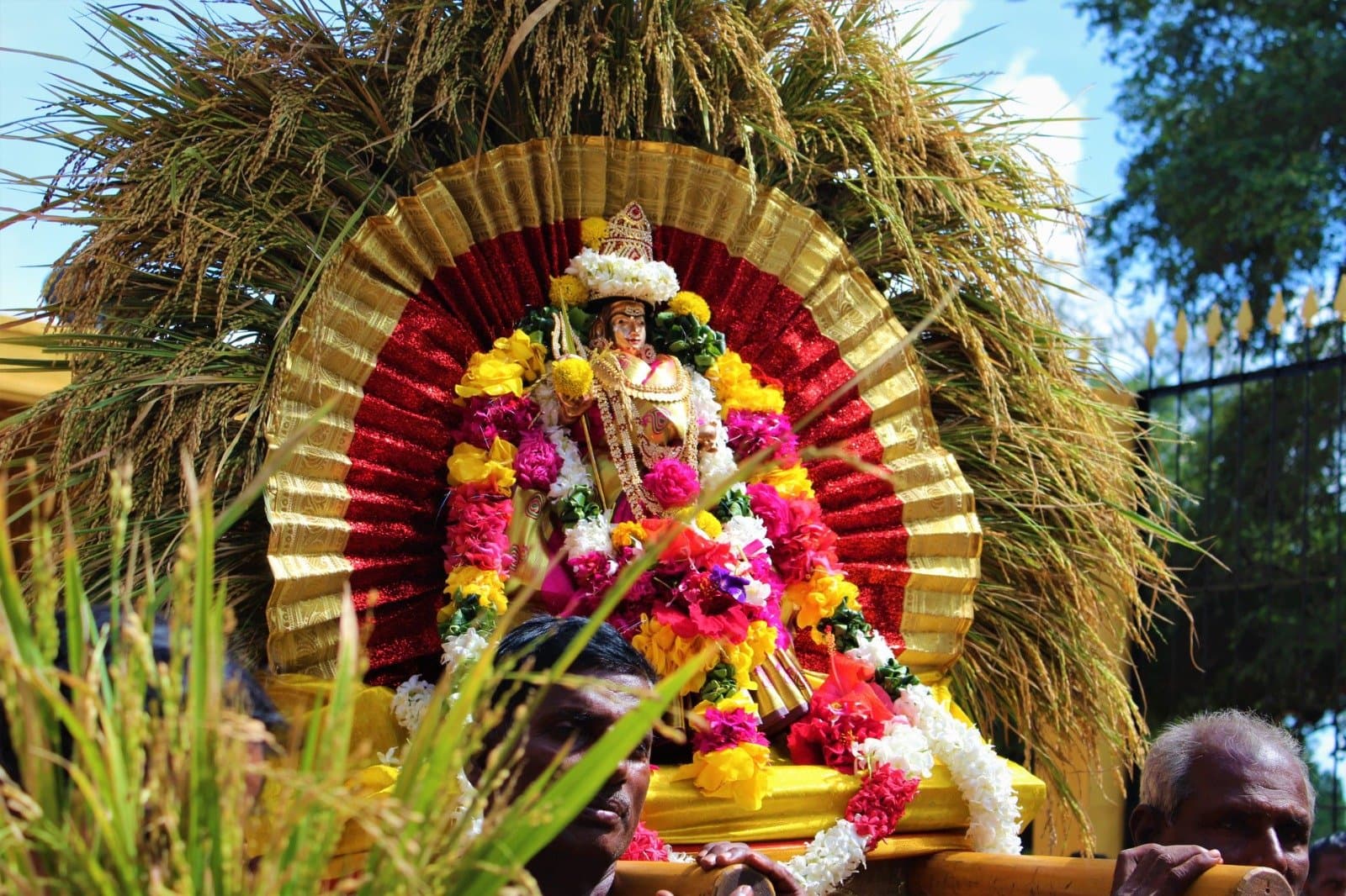 Festival idol seated on a golden floral throne carried by devotees