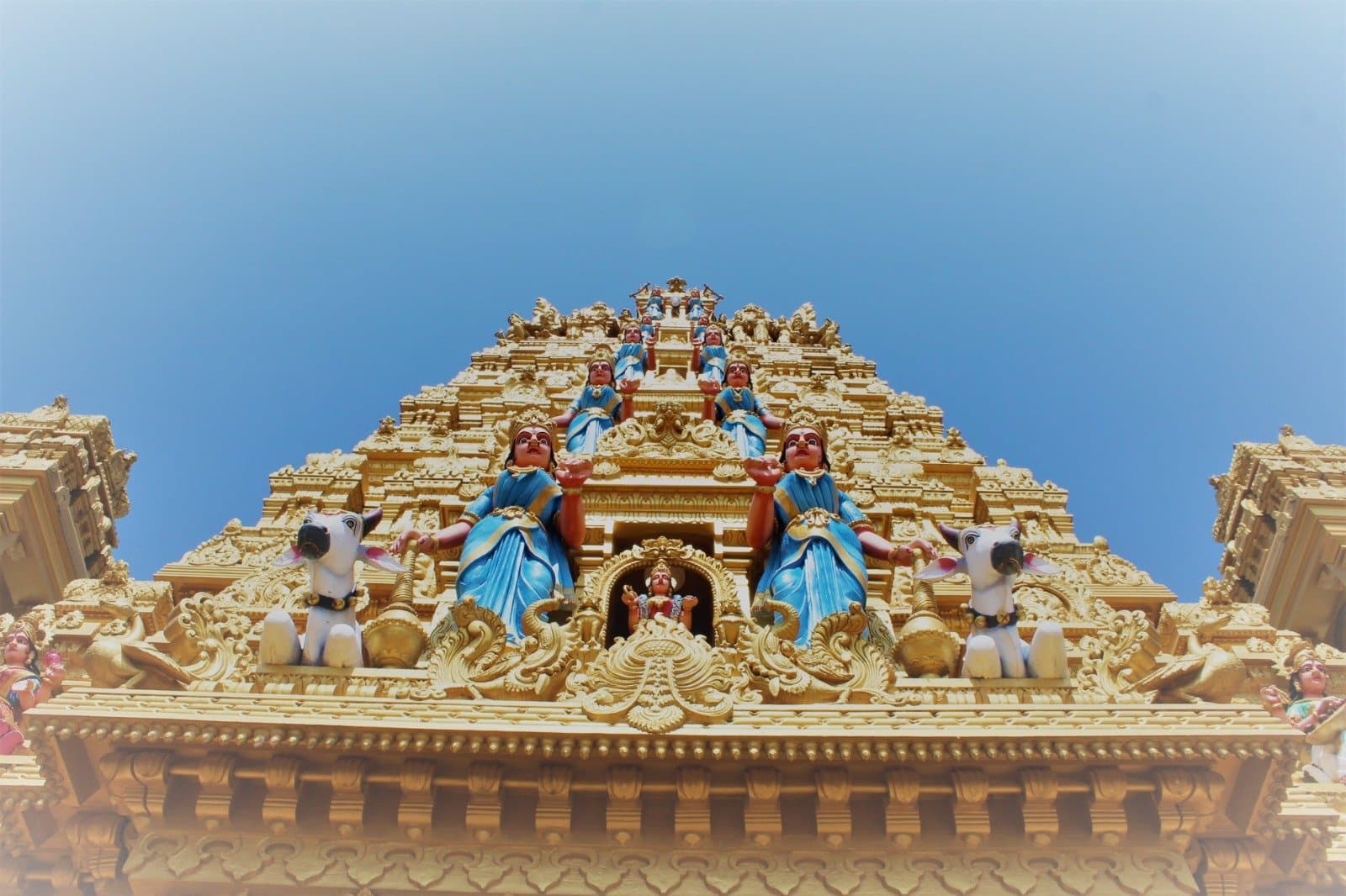 Close-up detail of the gopuram sculptures and deities